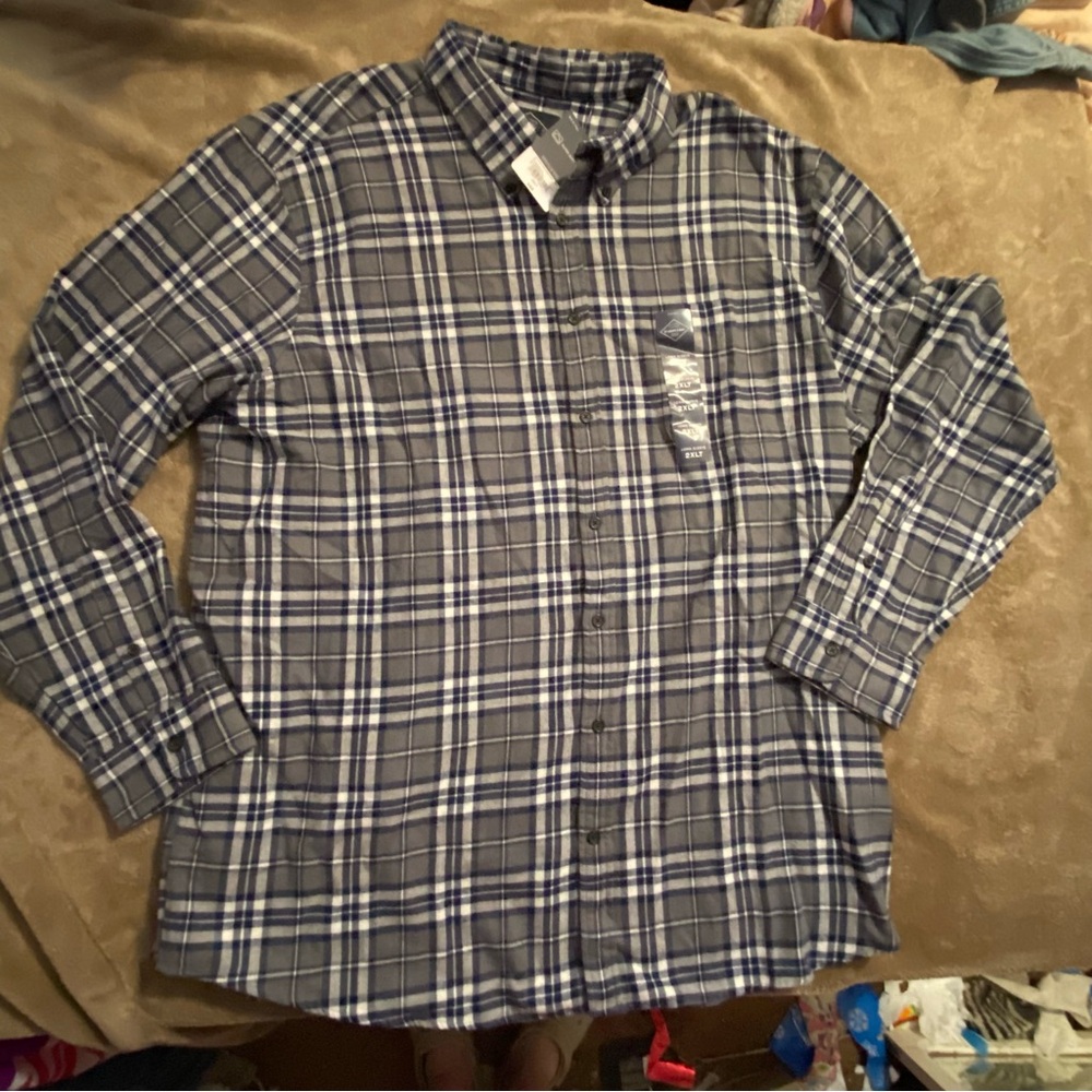 NWT ST John Bay Classic Fit Blue Gray Plaid Flannel Cotton Button up Shirt 2XLT